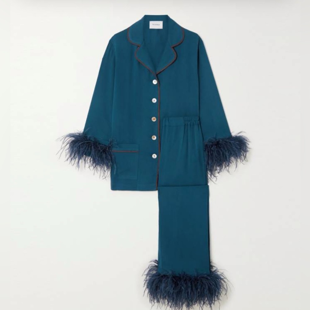 Sleeper Teal Button Down Shirt with Feather Trim